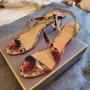 Colorful snake print kitten heeled sandals